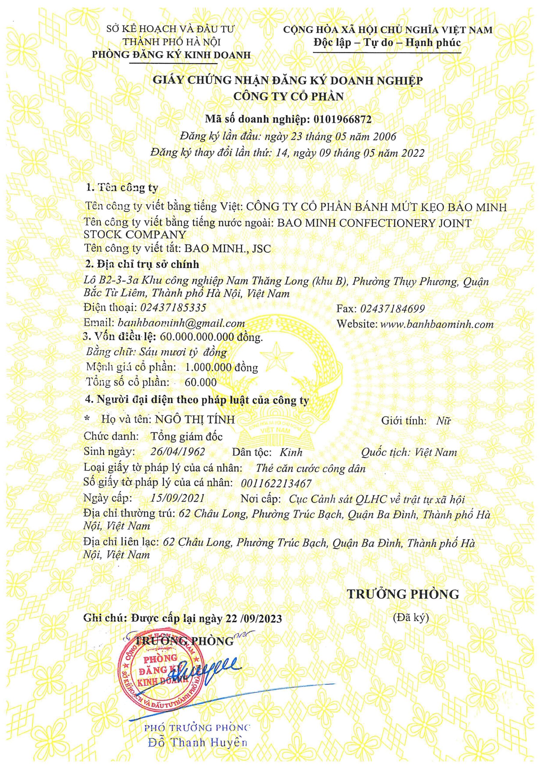 Giấy chứng nhận đăng ký kinh doanh công ty cổ phẩn Bánh Mứt Kẹo Bảo Minh