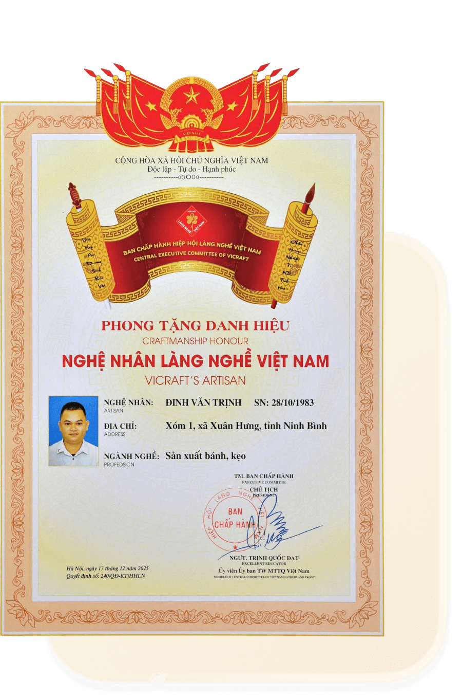 Chứng nhận Nghệ nhân Đinh Văn Trịnh