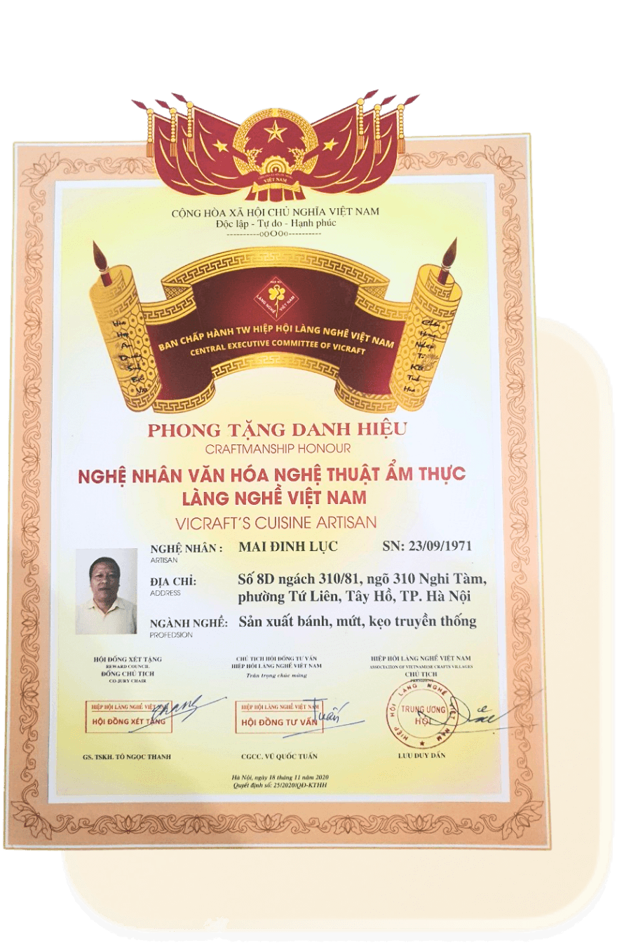 Chứng nhận Nghệ nhân Mai Đinh Lục