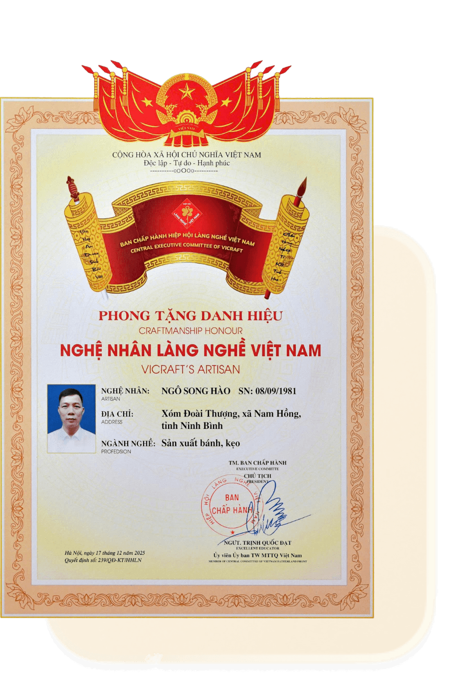 Chứng nhận Nghệ nhân Ngô Song Hào