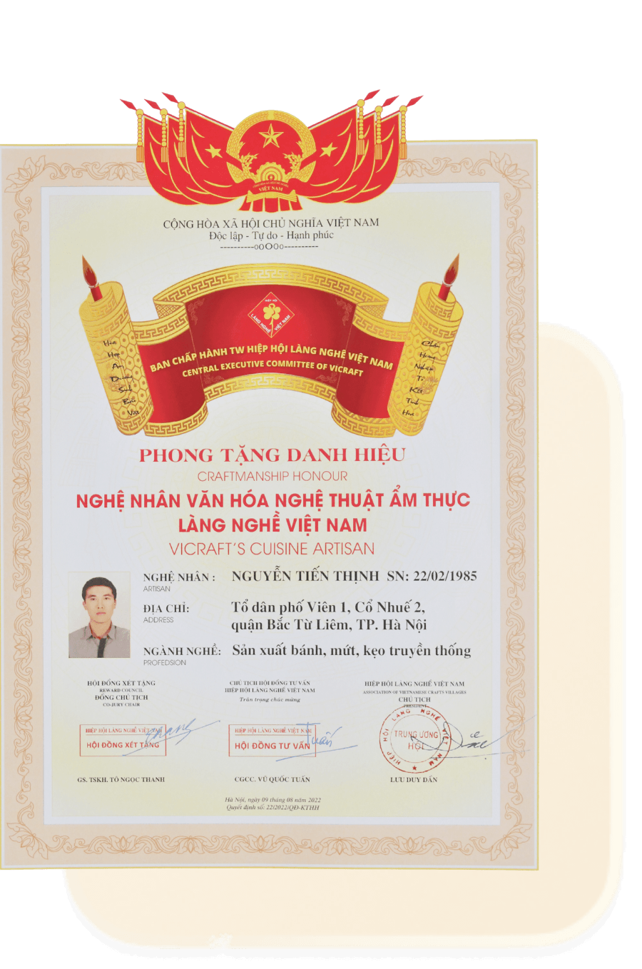 Chứng nhận Nghệ nhân Nguyễn Tiến Thịnh