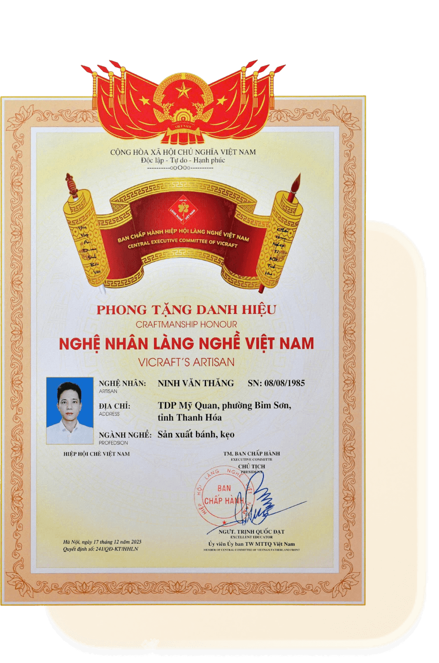 Chứng nhận Nghệ nhân Ninh Văn Thăng
