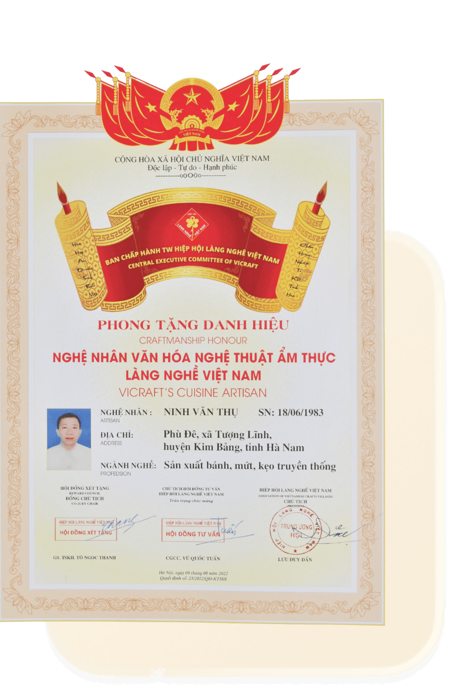 Chứng nhận Nghệ nhân Ninh Văn Thụ